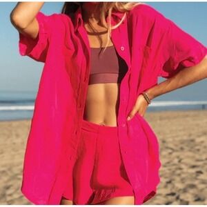 LEFT ON FRIDAY 100% Silk Top Short Sleeve Button Down Shirt Womens Size S/M Pink